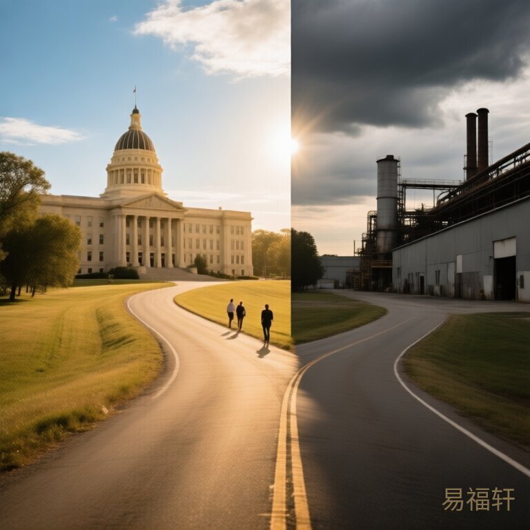 两条分岔的路，一条通向气派的政府大楼，一条通向灰暗的工厂车间，天空一半晴朗艳阳一半阴云密布