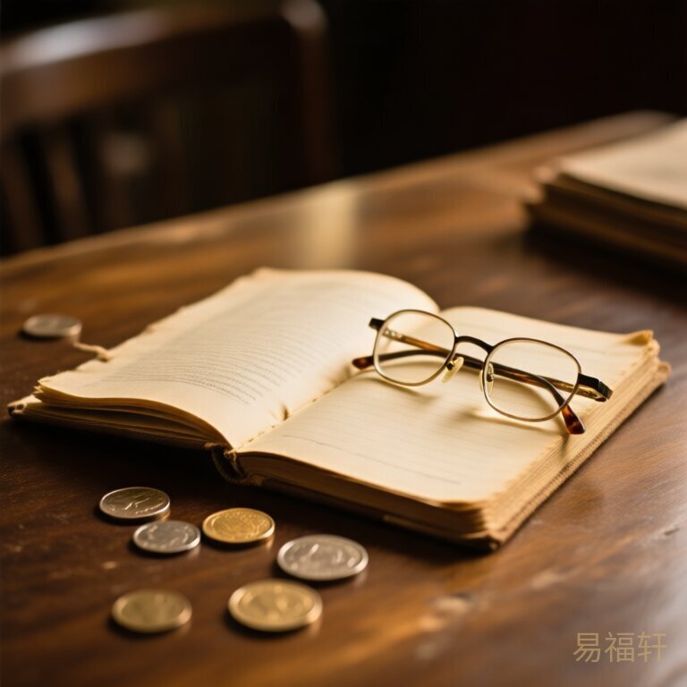 一本翻开的旧笔记本旁边放着一副老花镜，桌上散落几枚硬币
