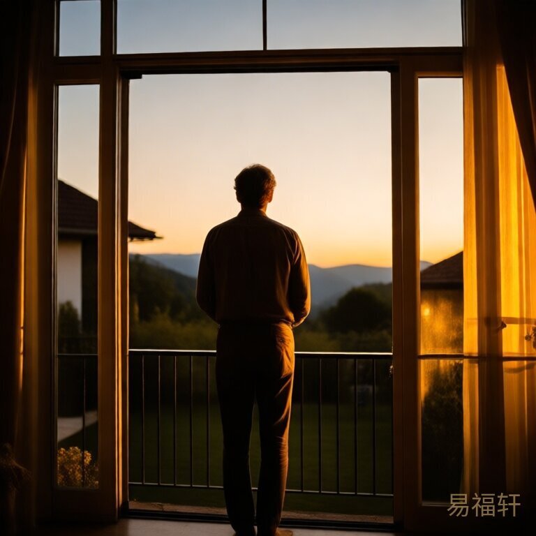黄昏时分，一个男人安静地站在阳台上望着远方，屋内暖黄色的灯光透过玻璃映在他身上