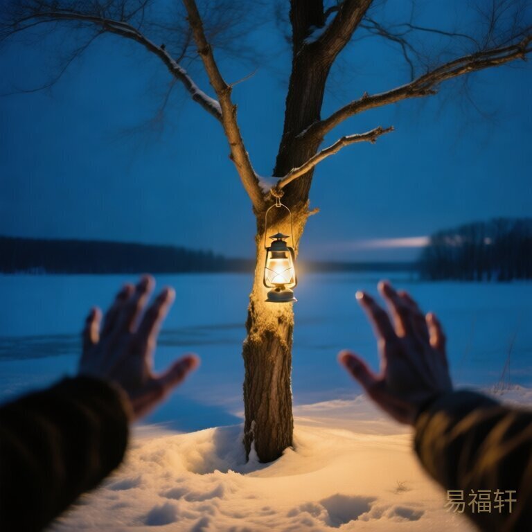 一棵冬天的树在冻土中,枝头挂着一盏微弱但倔强的灯,四周有两只模糊的手伸向它