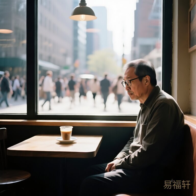 一个戴眼镜的中年男人独自坐在咖啡厅角落，面前放着一杯凉了的咖啡，窗外人流熙攘他却神情疲惫