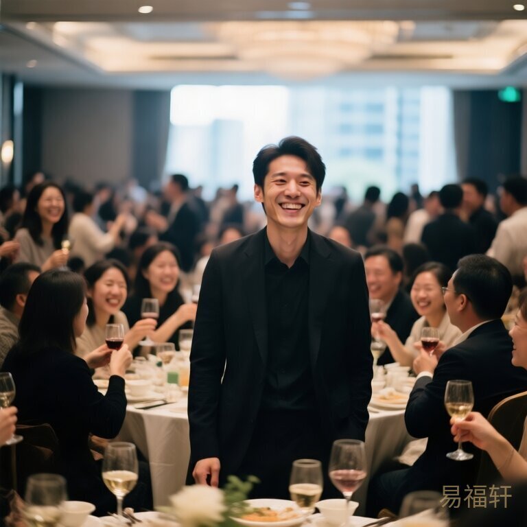 一个人站在熙攘的宴会厅中央，周围是觥筹交错的人影和笑脸，但他脸上的笑容明显是强撑的，眼神里的疲惫藏不住