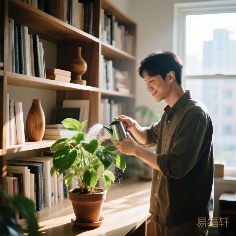 一个男人在洒满晨光的书房里，安静地给一盆生机勃勃的绿植浇水，表情平静满足，书架上有书和木质摆件