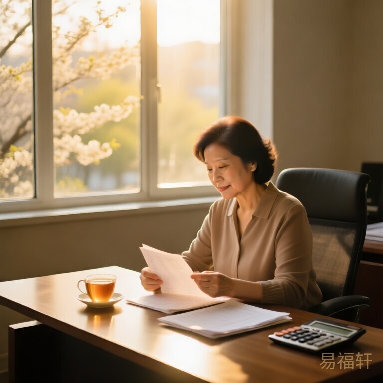 一位中年女性坐在办公桌前翻看账本，窗外春天阳光照进来，桌上放着一杯茶和计算器，光线温暖柔和