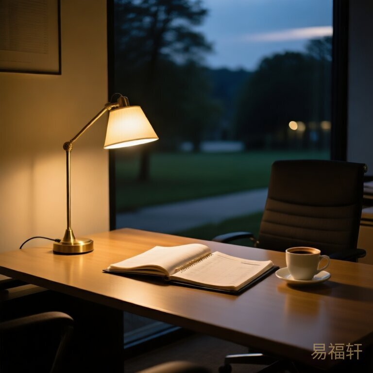 深夜办公室里只有一盏台灯亮着，桌上摊开的账本旁边放着一杯咖啡，画面安静而专注