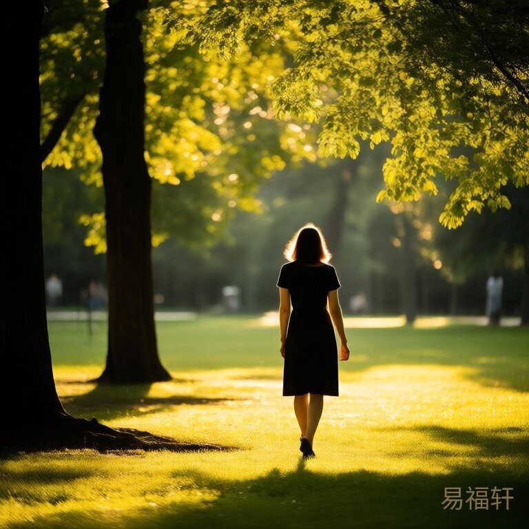 一个女性在公园里散步的背影，绿树成荫，阳光斑驳，画面宁静自然