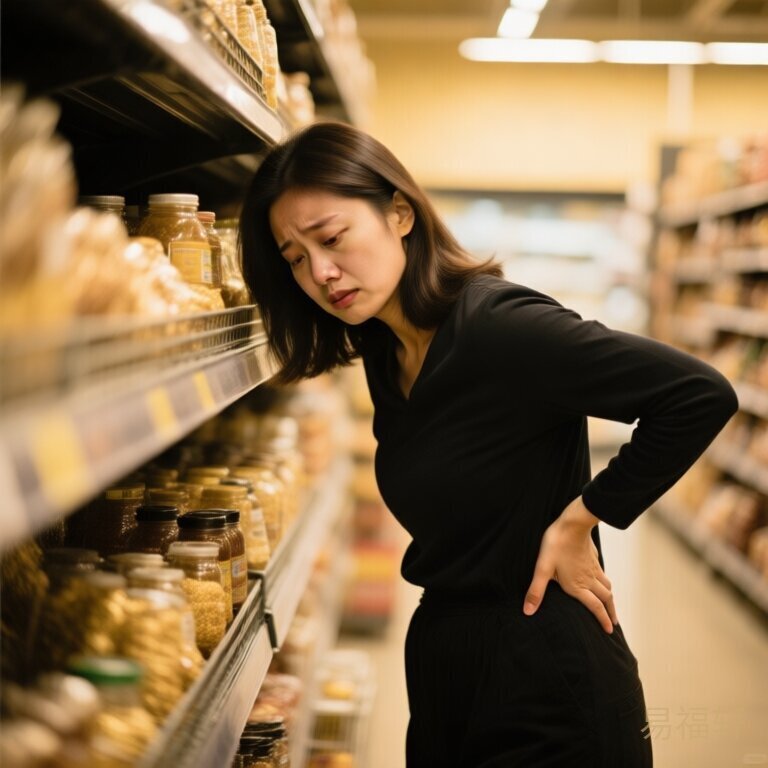 超市货架旁一个女子扶着腰，表情略带疲倦但依然在坚持