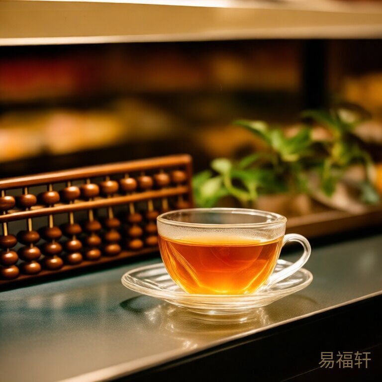 一杯玫瑰花茶放在超市柜台上，旁边是老式算盘和一盆绿萝