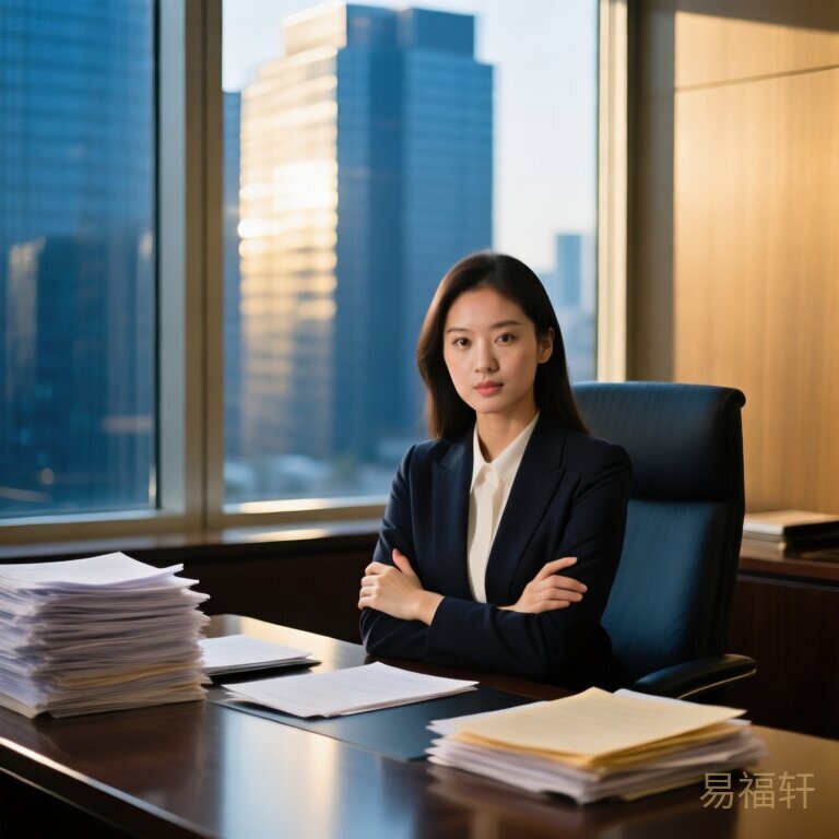 一位年轻女律师坐在办公桌前，双手抱臂，表情冷静而犀利，桌上文件堆叠整齐，窗外是城市高楼