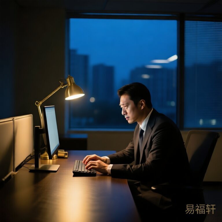 深夜办公室里只亮着一盏台灯，胡律师独自坐在工位上，盯着电脑屏幕，手指停在键盘上方，表情疲惫而倔强