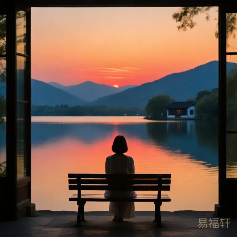 黄昏时分，一位女性坐在湖边的长椅上，背对着镜头，远处的天际线染着橙红色，水面平静如镜