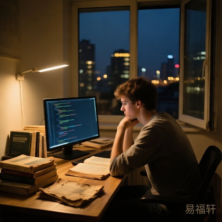 深夜的书桌前，一个年轻人对着屏幕上的代码发呆，桌上摊着几本翻旧了的计算机教材，窗外的城市灯火零星