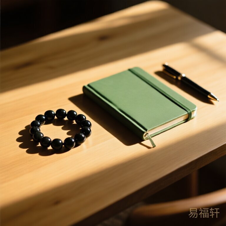 一张木桌上整齐摆放着几样东西：一串黑曜石手串、一本绿色封面的笔记本、一支笔，阳光从侧面照进来拉出长长的影子