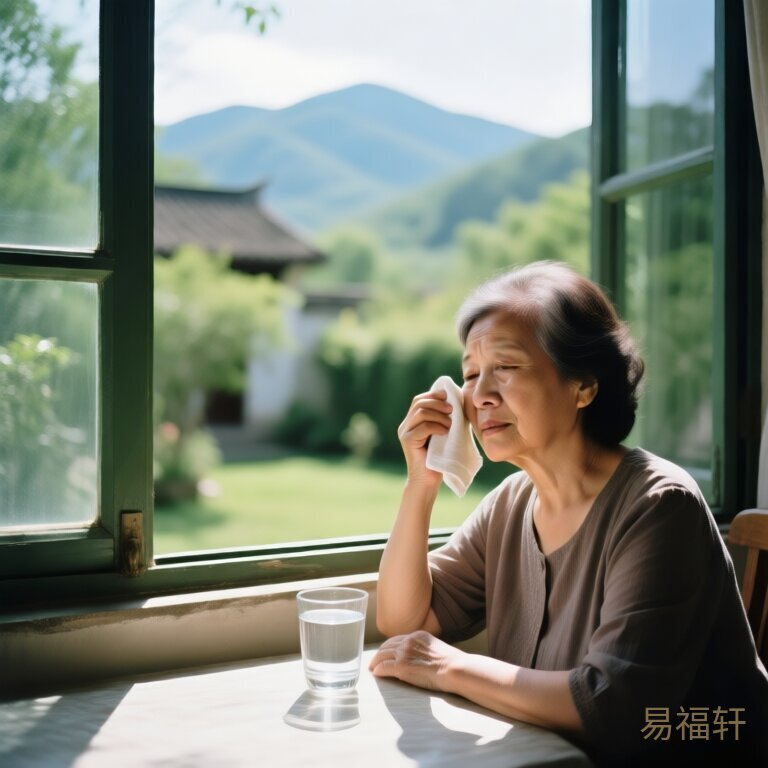 一位60岁左右的属马女性坐在窗边，外面烈日炎炎，她用手帕擦汗，面前放着一杯水，表情略带疲惫但眼神坚定
