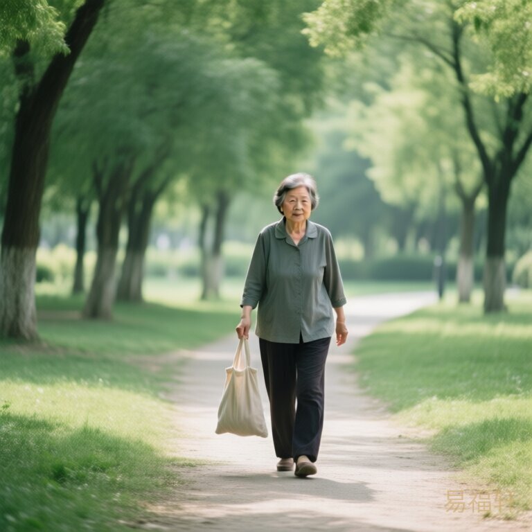 另一位60岁左右的属马女性在公园里散步，表情温和平静，但步伐略显疲惫，手中提着布袋，背景是绿树成荫的小道