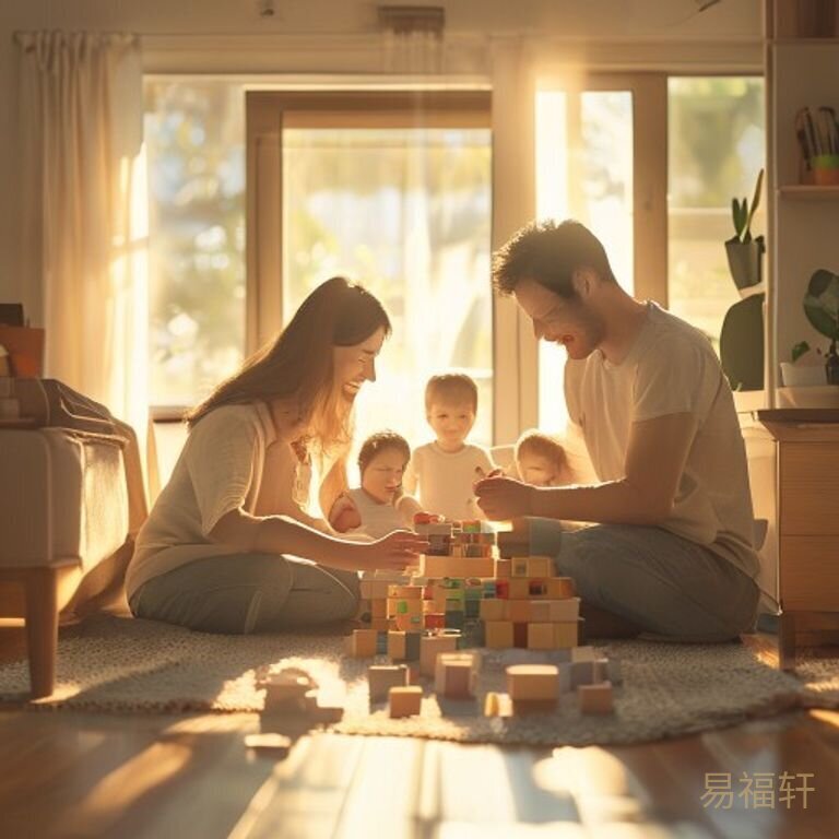 一家三口客厅玩积木，阳光从窗户洒进来