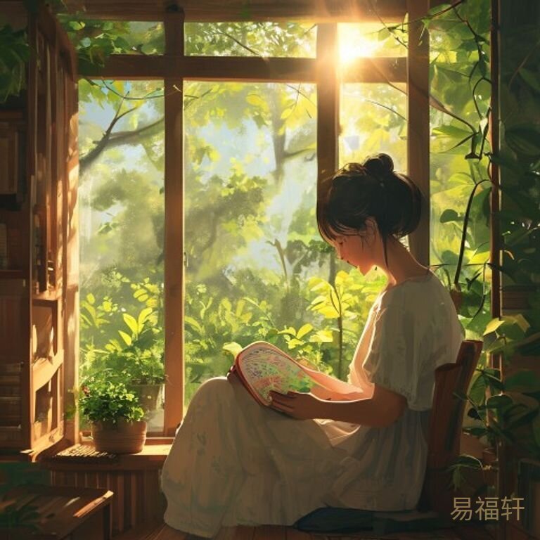 妈妈阳台读绘本，阳光温暖，窗外绿树成荫