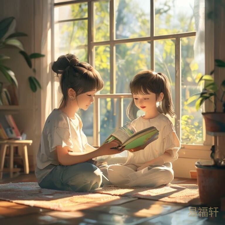 周末早晨，妈妈在阳台给三岁宝宝读绘本，阳光洒在地板上