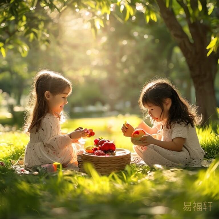 周末阳光明媚，一家人在公园草坪上野餐，宝宝伸手去够妈妈手里的水果