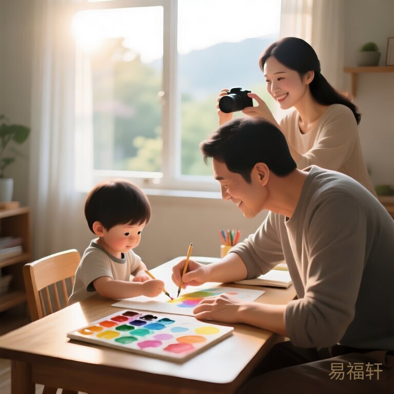 爸爸手把手教三岁儿子在书桌前画水彩画，妈妈在旁边微笑拍照