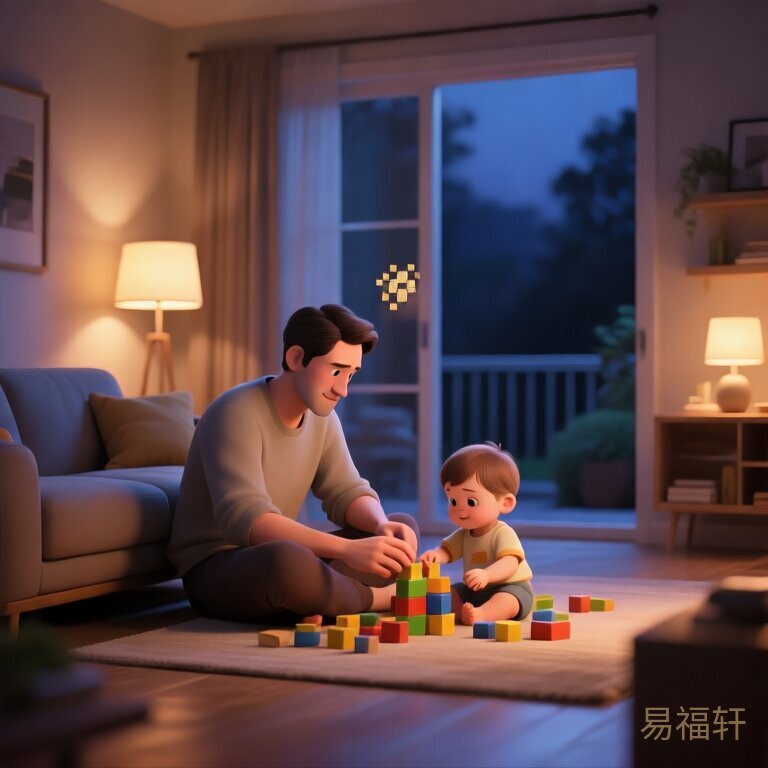 晚上客厅柔和的灯光下，爸爸盘腿坐在沙发上陪宝宝搭积木