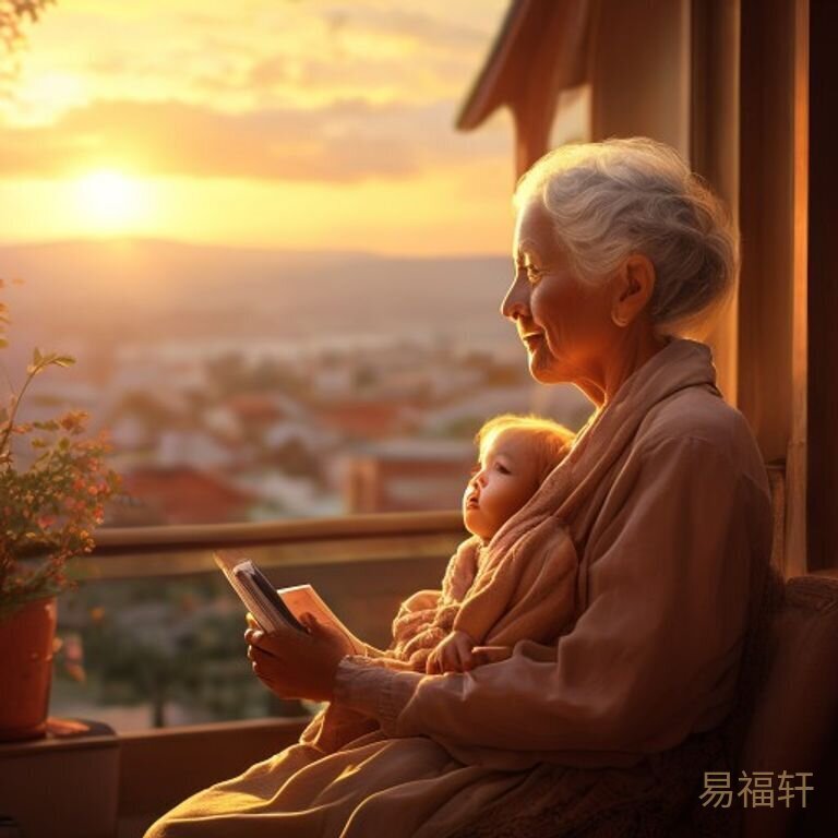 傍晚阳台上，奶奶抱着宝宝看天空，夕阳暖暖地照在脸上