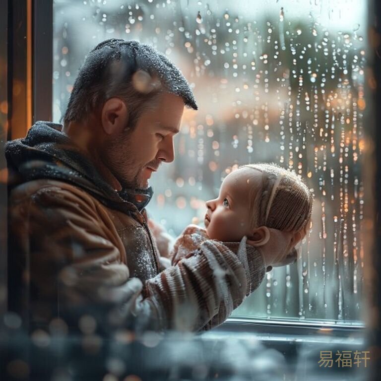 爸爸抱着宝宝站在窗边，外面下着小雨，宝宝伸手去摸玻璃上的水珠