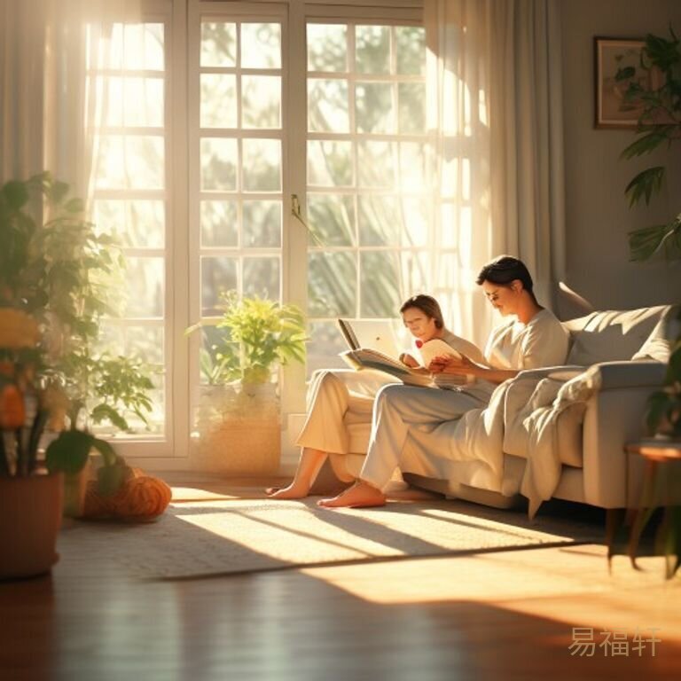 午后阳光透过窗帘洒在地板上，妈妈靠着沙发给宝宝读绘本