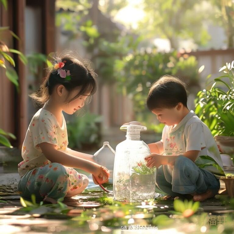 一家三口在院子里浇花，宝宝踮脚去够水壶
