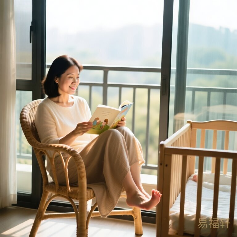 妈妈坐在阳台藤椅上，阳光穿过玻璃照在膝盖上摊开的绘本上，旁边婴儿床里伸出一只小脚丫