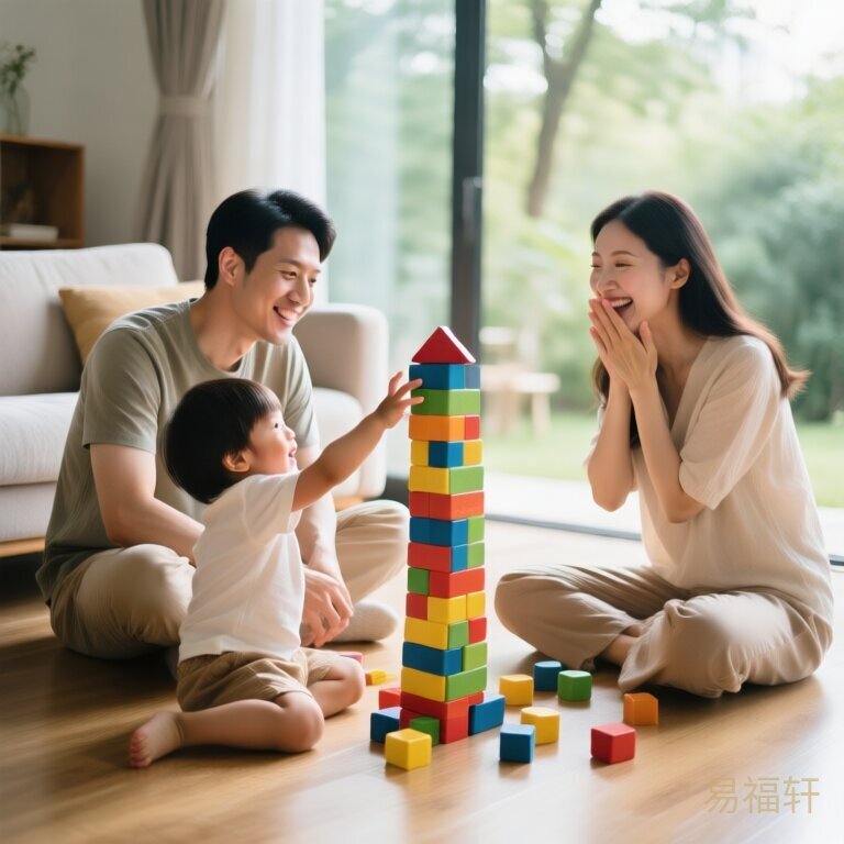 一家三口坐在客厅地板上玩彩色积木，爸爸搭了个高塔，小孩伸手去够，妈妈在旁边笑得捂嘴
