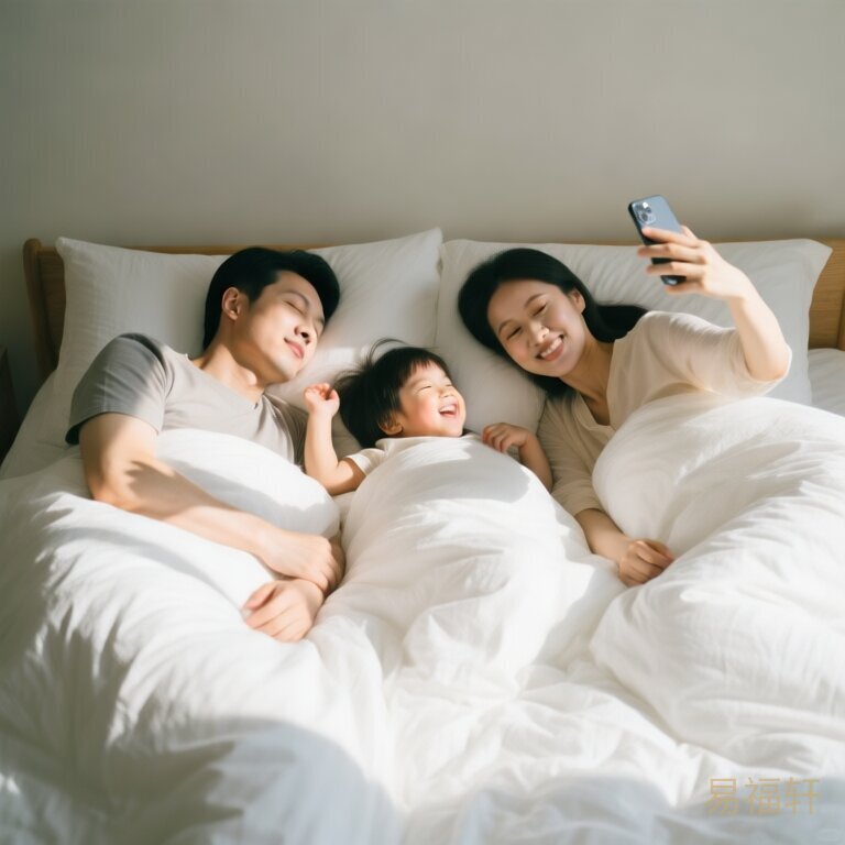 周末早晨，阳光洒在白色床单上，一家三口窝在被子里，小孩在中间打滚，爸爸闭眼装睡，妈妈拿着手机偷拍