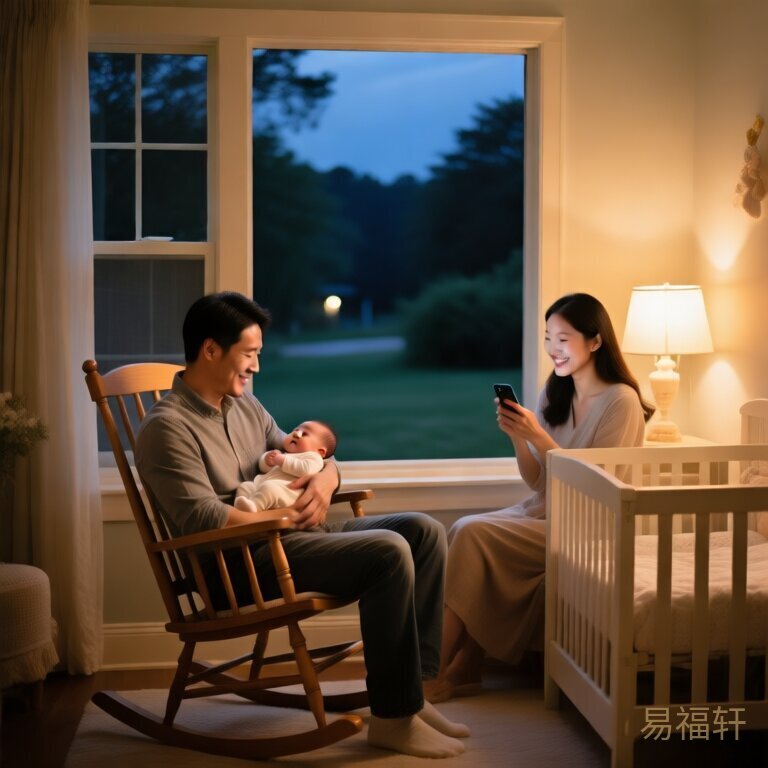 一家三口在婴儿房里，爸爸抱着新生儿坐在摇椅上，妈妈靠在旁边看手机笑，窗外夜色温柔，房间灯光温暖
