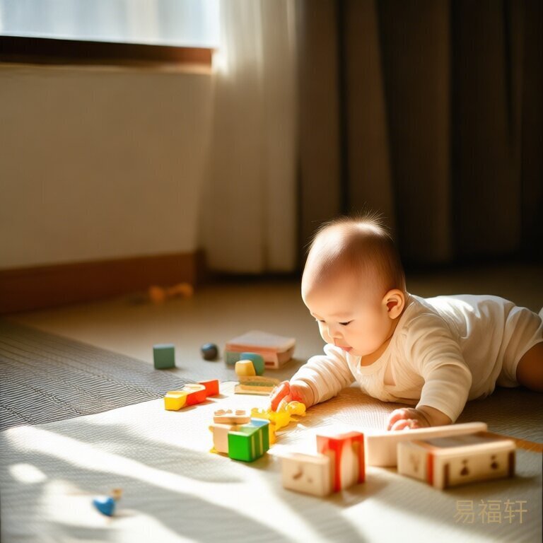 宝宝躺在地垫上抓玩具，阳光从窗户洒进来，旁边放着布书和积木，画面温馨治愈