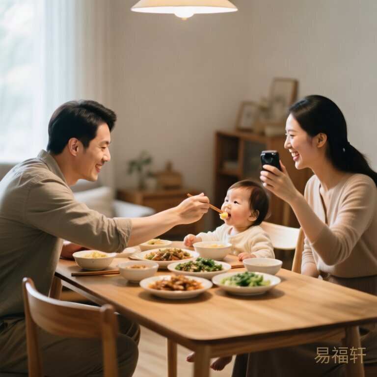 温馨家庭晚餐场景，爸爸喂宝宝吃饭，妈妈在对面笑着拍照，餐桌上有家常菜，氛围轻松愉快
