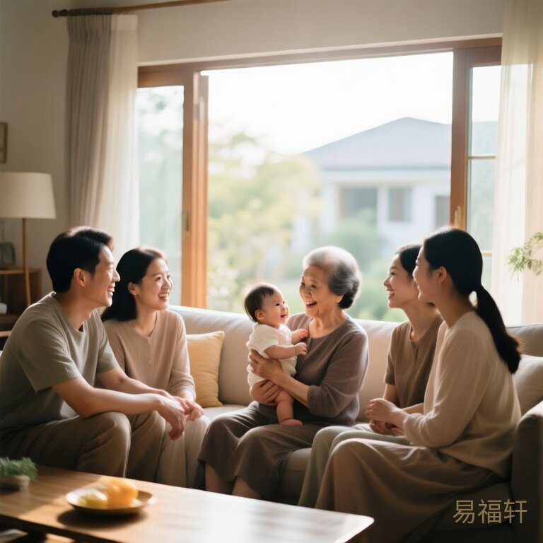 温馨家庭聚会，奶奶抱着宝宝，一家人围坐沙发上笑着聊天