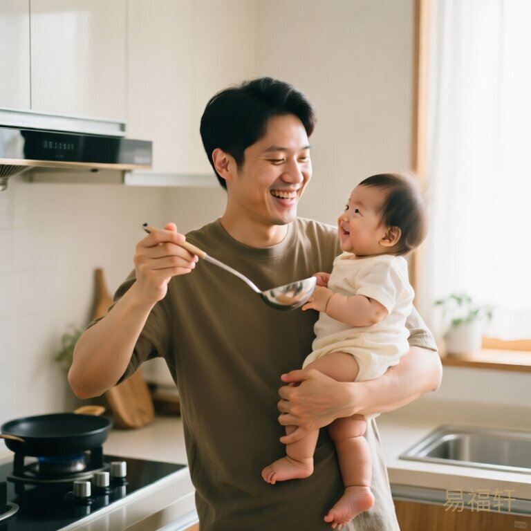 爸爸在厨房抱着宝宝，一手颠勺一手托娃，笑得合不拢嘴