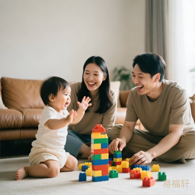 一家三口在客厅玩积木，宝宝手舞足蹈，爸妈笑得前仰后合