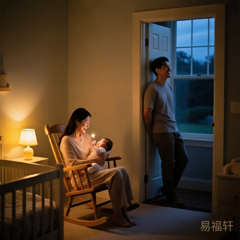 晚上九点多，婴儿房里只开了一盏暖黄小夜灯，妈妈坐在摇椅上抱着小宝宝轻轻哼歌，爸爸靠在门框上微笑看着