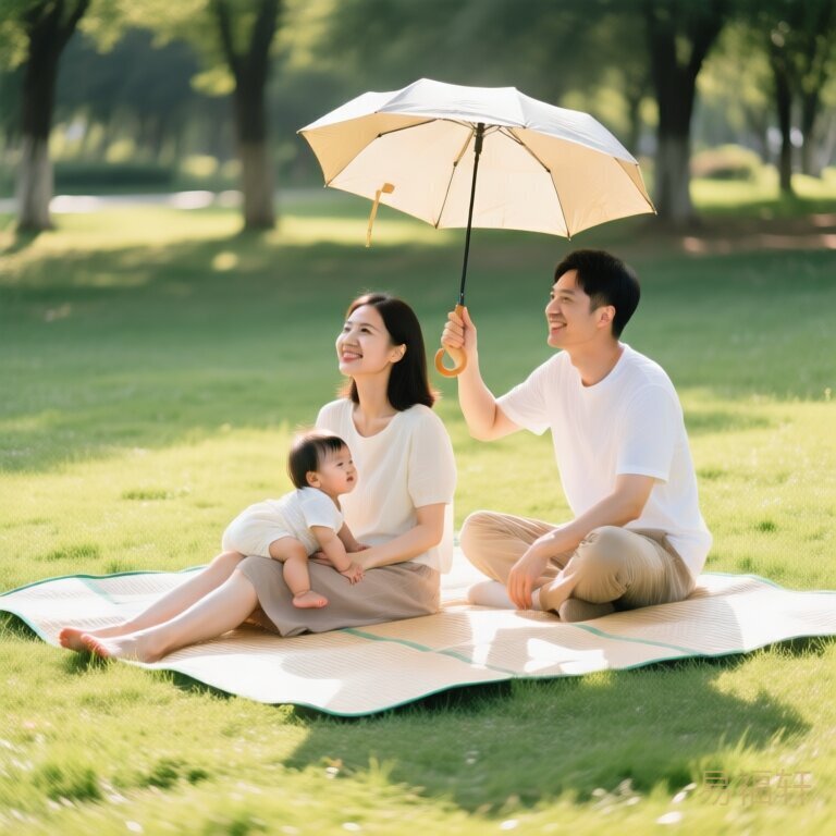 一家三口在公园草地上铺了垫子晒太阳，宝宝趴在妈妈腿上，爸爸举着遮阳伞挡太阳