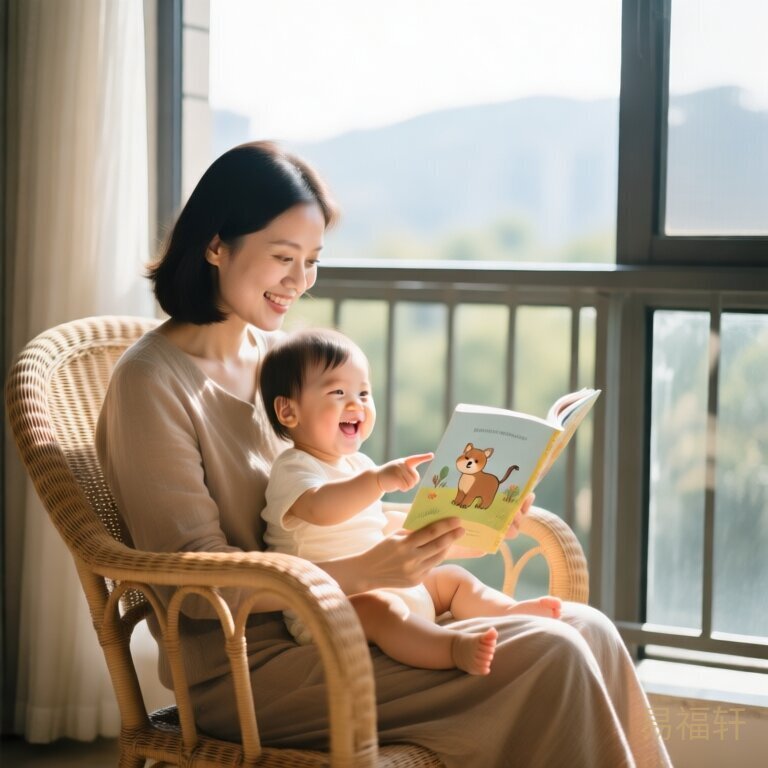 妈妈坐在阳台的藤椅上给宝宝读绘本，阳光洒在书页上，宝宝伸手指着书上的小动物，咯咯笑