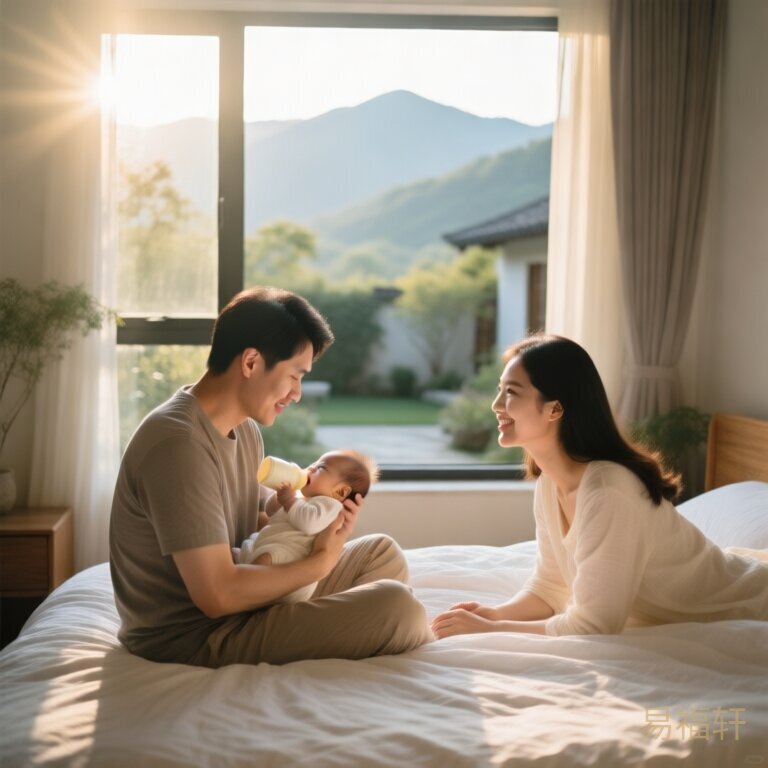 清晨阳光洒进卧室，爸爸抱着刚喝完奶的小宝宝坐在床边，妈妈侧躺着微笑看着父子俩