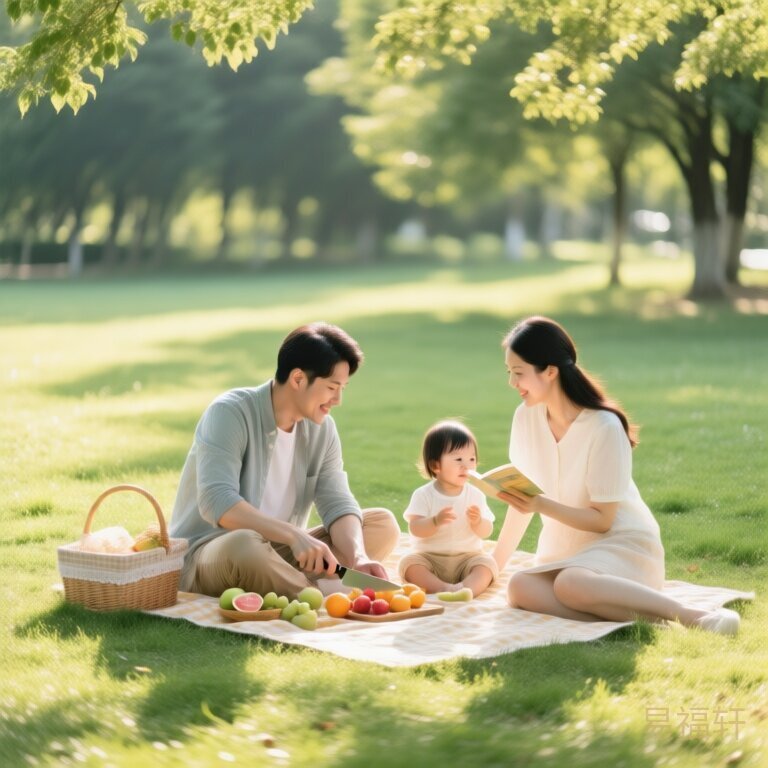 公园草坪上，一家三口坐着野餐，爸爸在切水果，妈妈给宝宝讲故事，阳光透过树叶斑驳洒下来