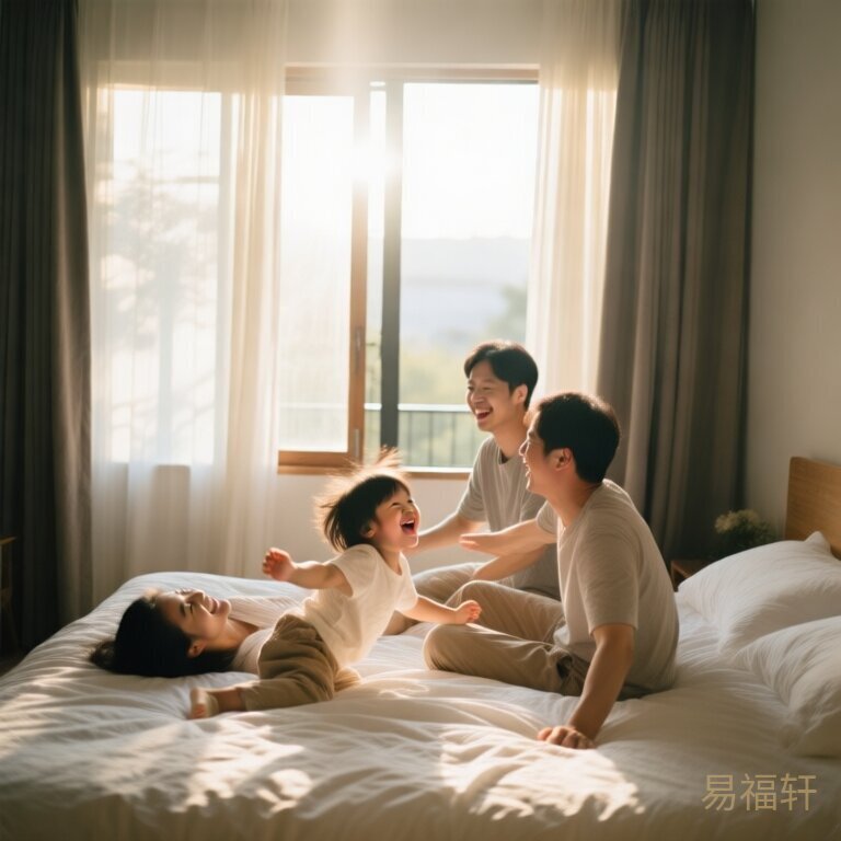 周末早上，一家三口在床上打滚嬉闹，孩子咯咯笑，阳光从窗帘缝隙透进来