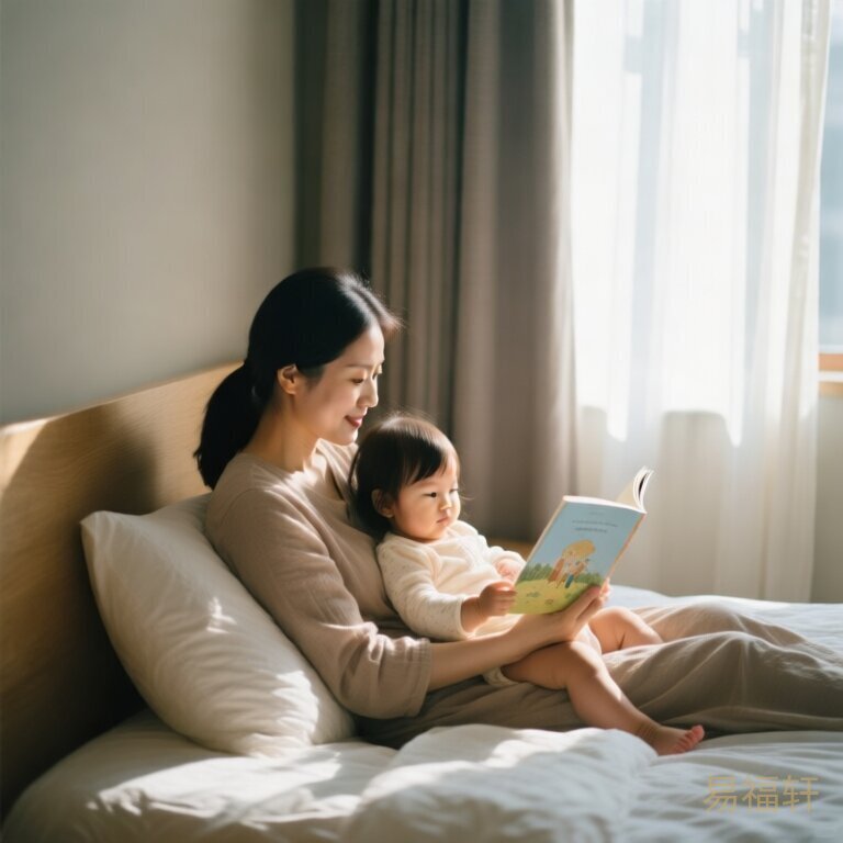 周末清晨，妈妈靠在床头给怀里的小女儿读绘本，阳光从窗帘缝透进来