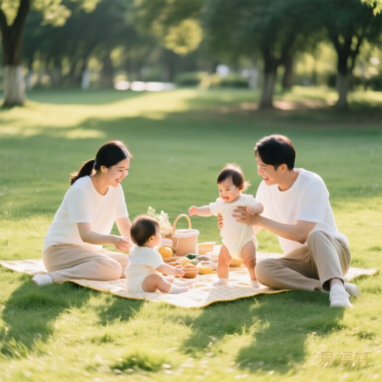 公园野餐晒太阳，一家人带着宝宝在草地玩耍