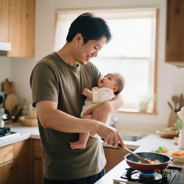 爸爸厨房抱娃，一只手抱娃一只手做饭的温馨日常