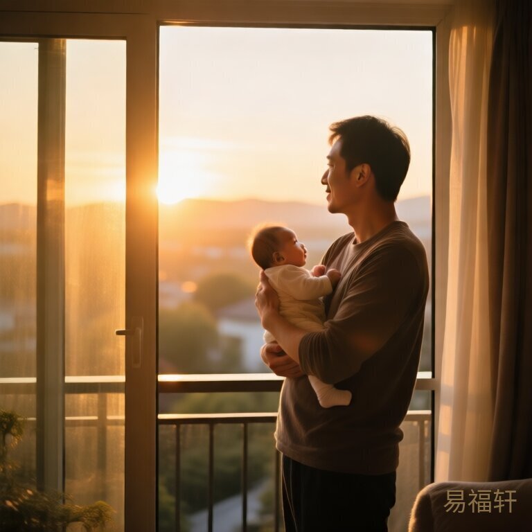 爸爸抱着婴儿在阳台看夕阳，暖金色光线洒满房间