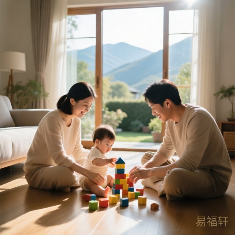 一家三口坐在客厅地板上陪宝宝玩积木，阳光从窗户洒进来