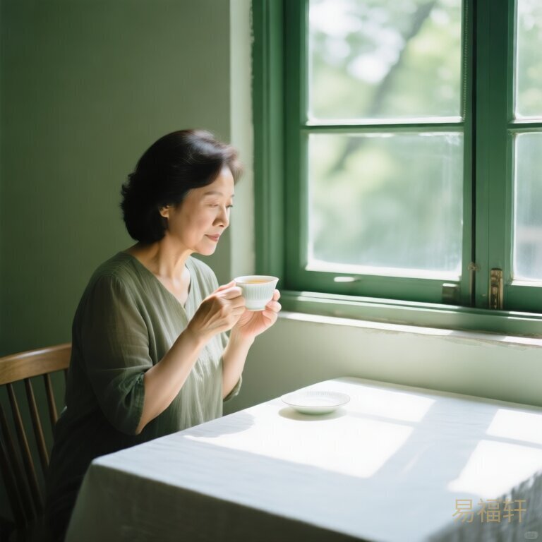 一个温婉知性的中年女子，安静独坐窗边喝茶，窗外阳光洒在桌上，神情平和却有一丝淡淡的距离感